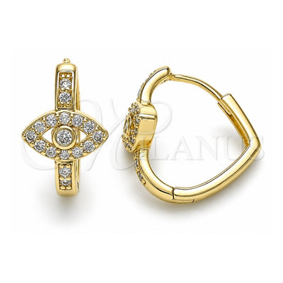 Oro Laminado Huggie Hoop, Gold Filled Style Evil Eye Design, with White Cubic Zirconia and White Micro Pave, Polished, Golden Finish, 02.210.0583.20