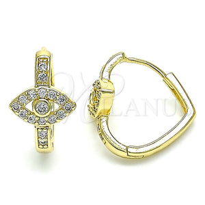 Gold Filled Hoop Earrings — Huggie Hoop Evil Eye Design with White Cubic — main product view — SKU 144697 | Oro Laminado aretes de aro — Huggie Hoop Evil Eye diseño with blanco Cubic — SKU 144697
