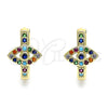 Oro Laminado Huggie Hoop, Gold Filled Style Evil Eye Design, with Sapphire Blue Cubic Zirconia and Multicolor Micro Pave, Polished, Golden Finish, 02.210.0583.1.20