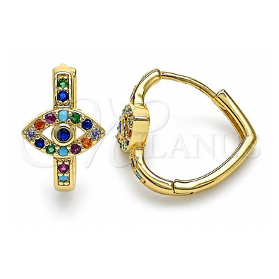 Oro Laminado Huggie Hoop, Gold Filled Style Evil Eye Design, with Sapphire Blue Cubic Zirconia and Multicolor Micro Pave, Polished, Golden Finish, 02.210.0583.1.20