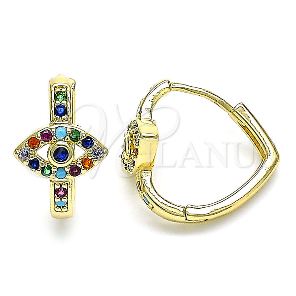 Gold Filled Hoop Earrings — Huggie Hoop Evil Eye Design with Sapphire Blue — main product view — SKU 144698 | Oro Laminado aretes de aro — Huggie Hoop Evil Eye diseño with Sapphire Blue — SKU 144698