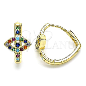 Gold Filled Hoop Earrings — Huggie Hoop Evil Eye Design with Sapphire Blue — main product view — SKU 144698 | Oro Laminado aretes de aro — Huggie Hoop Evil Eye diseño with Sapphire Blue — SKU 144698