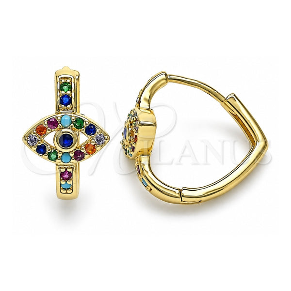 Oro Laminado Huggie Hoop, Gold Filled Style Evil Eye Design, with Sapphire Blue Cubic Zirconia and Multicolor Micro Pave, Polished, Golden Finish, 02.210.0583.1.20