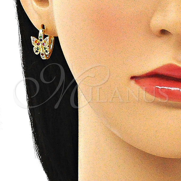 Gold Filled Hoop Earrings — Huggie Hoop Butterfly Design with Multicolor Micro Pave — alternate product view — SKU 144700 | Oro Laminado aretes de aro — Huggie Hoop Butterfly diseño with Multicolor Micro Pave — SKU 144700