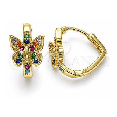 Oro Laminado Huggie Hoop, Gold Filled Style Butterfly Design, with Multicolor Micro Pave, Polished, Golden Finish, 02.210.0584.1.20