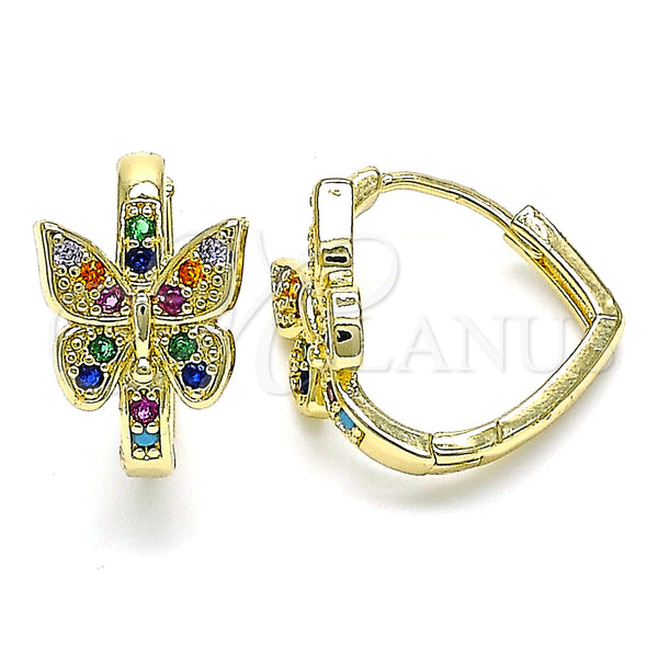 Gold Filled Hoop Earrings — Huggie Hoop Butterfly Design with Multicolor Micro Pave — main product view — SKU 144700 | Oro Laminado aretes de aro — Huggie Hoop Butterfly diseño with Multicolor Micro Pave — SKU 144700