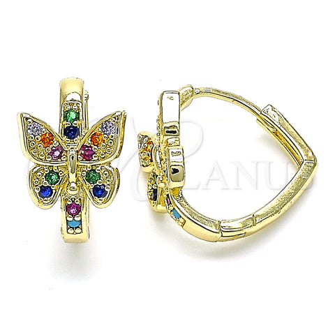 Oro Laminado Huggie Hoop, Gold Filled Style Butterfly Design, with Multicolor Micro Pave, Polished, Golden Finish, 02.210.0584.1.20