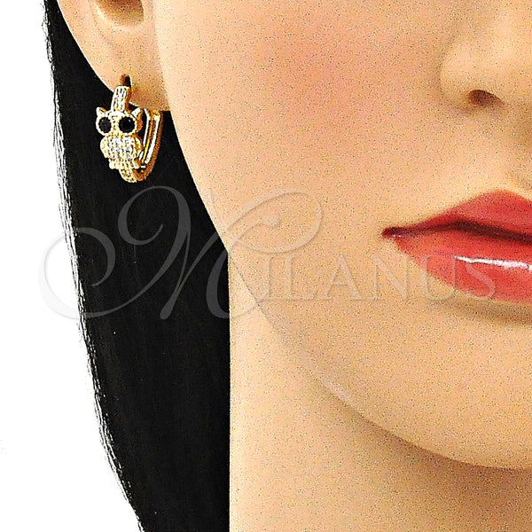 Gold Filled Hoop Earrings — Huggie Hoop Owl Design with White Micro Pave — alternate product view — SKU 144701 | Oro Laminado aretes de aro — Huggie Hoop Owl diseño with blanco Micro Pave — SKU 144701