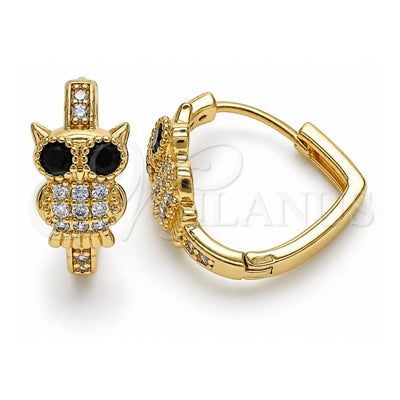 Oro Laminado Huggie Hoop, Gold Filled Style Owl Design, with White Micro Pave and Black Cubic Zirconia, Polished, Golden Finish, 02.210.0585.20