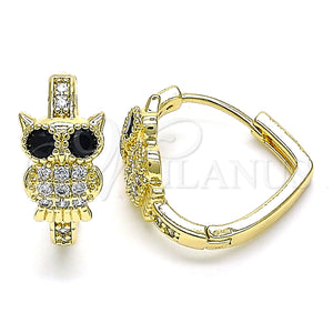Gold Filled Hoop Earrings — Huggie Hoop Owl Design with White Micro Pave — main product view — SKU 144701 | Oro Laminado aretes de aro — Huggie Hoop Owl diseño with blanco Micro Pave — SKU 144701