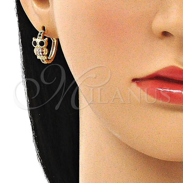 Gold Filled Hoop Earrings — Huggie Hoop Owl Design with Multicolor Micro Pave — alternate product view — SKU 144702 | Oro Laminado aretes de aro — Huggie Hoop Owl diseño with Multicolor Micro Pave — SKU 144702