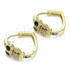 Oro Laminado Huggie Hoop, Gold Filled Style Owl Design, with Multicolor Micro Pave and Black Cubic Zirconia, Polished, Golden Finish, 02.210.0585.1.20