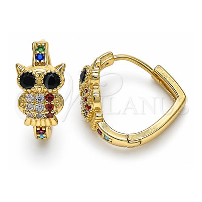Oro Laminado Huggie Hoop, Gold Filled Style Owl Design, with Multicolor Micro Pave and Black Cubic Zirconia, Polished, Golden Finish, 02.210.0585.1.20