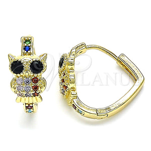 Gold Filled Hoop Earrings — Huggie Hoop Owl Design with Multicolor Micro Pave — main product view — SKU 144702 | Oro Laminado aretes de aro — Huggie Hoop Owl diseño with Multicolor Micro Pave — SKU 144702