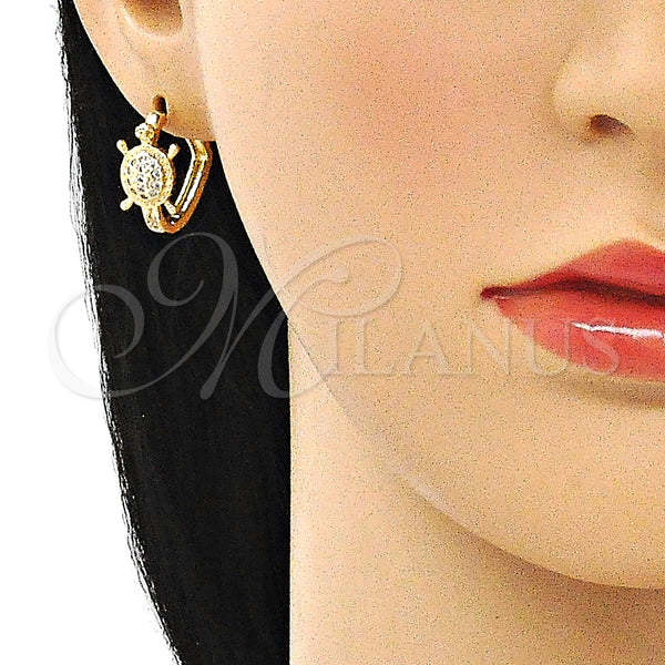 Gold Filled Hoop Earrings — Huggie Hoop Turtle Design with White Micro Pave — alternate product view — SKU 144703 | Oro Laminado aretes de aro — Huggie Hoop Turtle diseño with blanco Micro Pave — SKU 144703