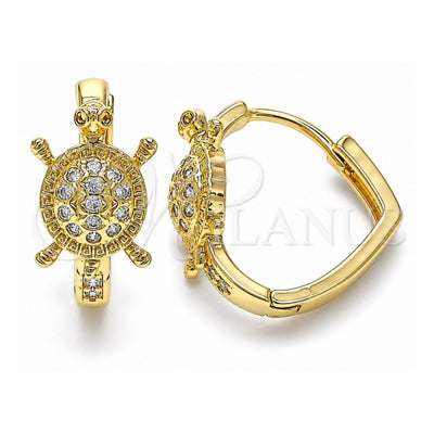 Oro Laminado Huggie Hoop, Gold Filled Style Turtle Design, with White Micro Pave, Polished, Golden Finish, 02.210.0586.20