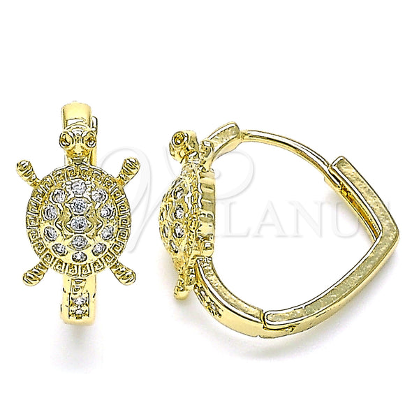 Gold Filled Hoop Earrings — Huggie Hoop Turtle Design with White Micro Pave — main product view — SKU 144703 | Oro Laminado aretes de aro — Huggie Hoop Turtle diseño with blanco Micro Pave — SKU 144703