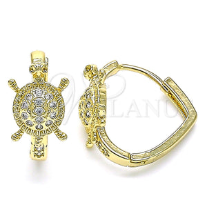 Gold Filled Hoop Earrings — Huggie Hoop Turtle Design with White Micro Pave — main product view — SKU 144703 | Oro Laminado aretes de aro — Huggie Hoop Turtle diseño with blanco Micro Pave — SKU 144703