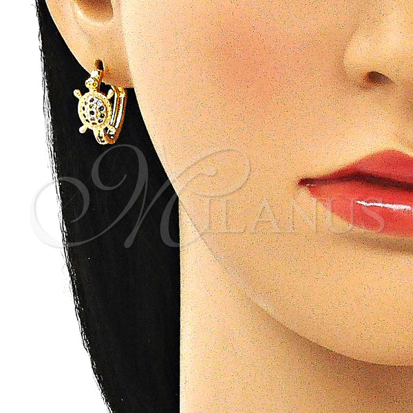 Gold Filled Hoop Earrings — Huggie Hoop Turtle Design with Multicolor Micro Pave — alternate product view — SKU 144704 | Oro Laminado aretes de aro — Huggie Hoop Turtle diseño with Multicolor Micro Pave — SKU 144704