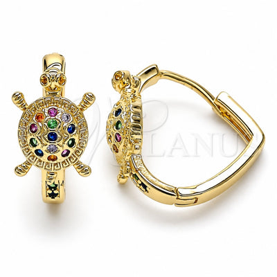 Oro Laminado Huggie Hoop, Gold Filled Style Turtle Design, with Multicolor Micro Pave, Polished, Golden Finish, 02.210.0586.1.20