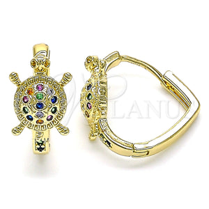Gold Filled Hoop Earrings — Huggie Hoop Turtle Design with Multicolor Micro Pave — main product view — SKU 144704 | Oro Laminado aretes de aro — Huggie Hoop Turtle diseño with Multicolor Micro Pave — SKU 144704