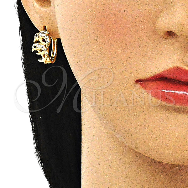Gold Filled Hoop Earrings — Huggie Hoop Dolphin Design with White and Black — alternate product view — SKU 144705 | Oro Laminado aretes de aro — Huggie Hoop Dolphin diseño with blanco and negro — SKU 144705