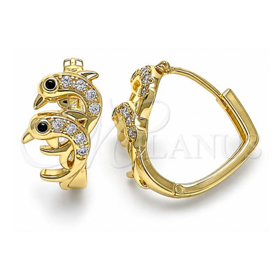 Oro Laminado Huggie Hoop, Gold Filled Style Dolphin Design, with White and Black Micro Pave, Polished, Golden Finish, 02.210.0587.20