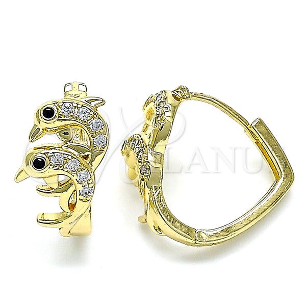 Gold Filled Hoop Earrings — Huggie Hoop Dolphin Design with White and Black — main product view — SKU 144705 | Oro Laminado aretes de aro — Huggie Hoop Dolphin diseño with blanco and negro — SKU 144705