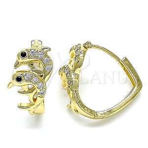 Gold Filled Hoop Earrings — Huggie Hoop Dolphin Design with White and Black — main product view — SKU 144705 | Oro Laminado aretes de aro — Huggie Hoop Dolphin diseño with blanco and negro — SKU 144705