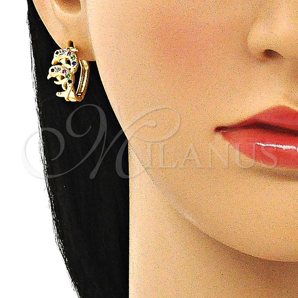 Gold Filled Hoop Earrings — Huggie Hoop Dolphin Design with Multicolor Micro Pave — alternate product view — SKU 144706 | Oro Laminado aretes de aro — Huggie Hoop Dolphin diseño with Multicolor Micro Pave — SKU 144706