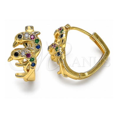 Oro Laminado Huggie Hoop, Gold Filled Style Dolphin Design, with Multicolor Micro Pave, Polished, Golden Finish, 02.210.0587.1.20