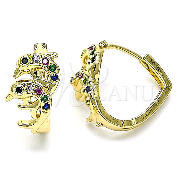 Gold Filled Hoop Earrings — Huggie Hoop Dolphin Design with Multicolor Micro Pave — main product view — SKU 144706 | Oro Laminado aretes de aro — Huggie Hoop Dolphin diseño with Multicolor Micro Pave — SKU 144706