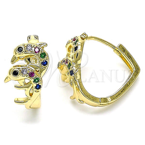 Gold Filled Hoop Earrings — Huggie Hoop Dolphin Design with Multicolor Micro Pave — main product view — SKU 144706 | Oro Laminado aretes de aro — Huggie Hoop Dolphin diseño with Multicolor Micro Pave — SKU 144706