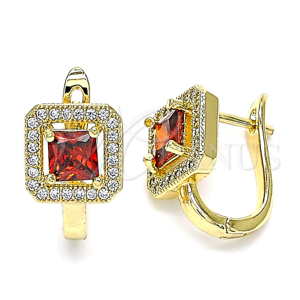 Gold Filled Hoop Earrings — Huggie Hoop with Garnet Cubic Zirconia and White — main product view — SKU 144708 | Oro Laminado aretes de aro — Huggie Hoop with Garnet Cubic Zirconia and blanco — SKU 144708