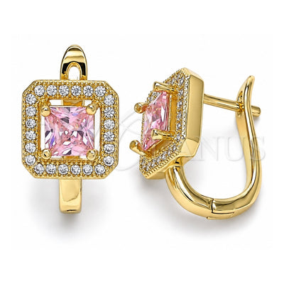 Oro Laminado Huggie Hoop, Gold Filled Style with Pink Cubic Zirconia and White Micro Pave, Polished, Golden Finish, 02.210.0588.1.12