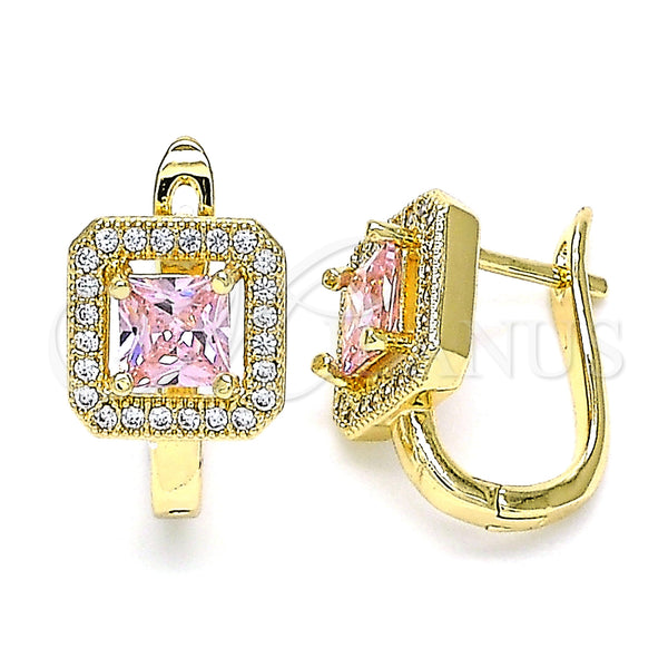 Gold Filled Hoop Earrings — Huggie Hoop with Pink Cubic Zirconia and White — main product view — SKU 144709 | Oro Laminado aretes de aro — Huggie Hoop with Pink Cubic Zirconia and blanco — SKU 144709