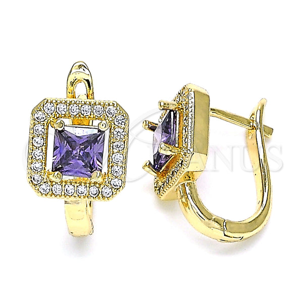 Gold Filled Hoop Earrings — Huggie Hoop with Amethyst Cubic Zirconia and White — main product view — SKU 144710 | Oro Laminado aretes de aro — Huggie Hoop with Amethyst Cubic Zirconia and blanco — SKU 144710