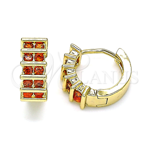 Gold Filled Hoop Earrings — Huggie Hoop with Garnet Cubic Zirconia Polished 02. — main product view — SKU 144712 | Oro Laminado aretes de aro — Huggie Hoop with Garnet Cubic Zirconia pulido 02. — SKU 144712
