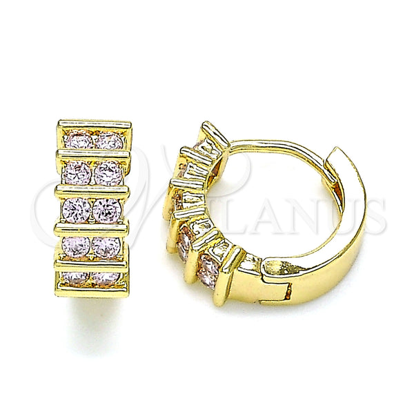 Gold Filled Hoop Earrings — Huggie Hoop with Pink Cubic Zirconia Polished 02. — main product view — SKU 144713 | Oro Laminado aretes de aro — Huggie Hoop with Pink Cubic Zirconia pulido 02. — SKU 144713