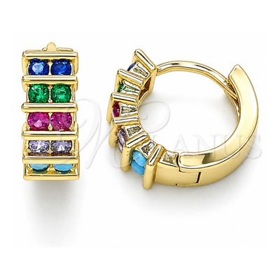 Oro Laminado Huggie Hoop, Gold Filled Style with Multicolor Cubic Zirconia, Polished, Golden Finish, 02.210.0589.2.12