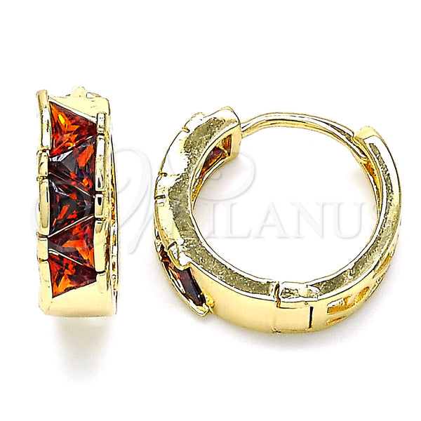 Gold Filled Hoop Earrings — Huggie Hoop with Garnet Cubic Zirconia Polished 02. — main product view — SKU 144715 | Oro Laminado aretes de aro — Huggie Hoop with Garnet Cubic Zirconia pulido 02. — SKU 144715