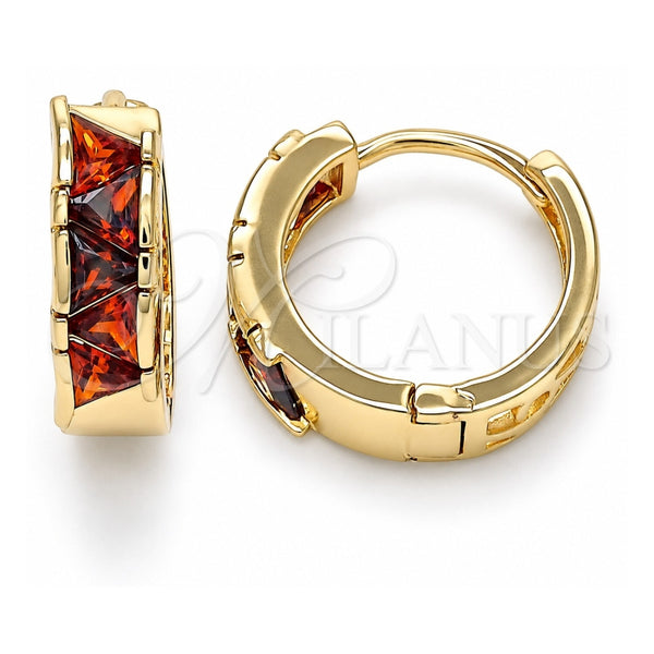 Oro Laminado Huggie Hoop, Gold Filled Style with Garnet Cubic Zirconia, Polished, Golden Finish, 02.210.0590.15