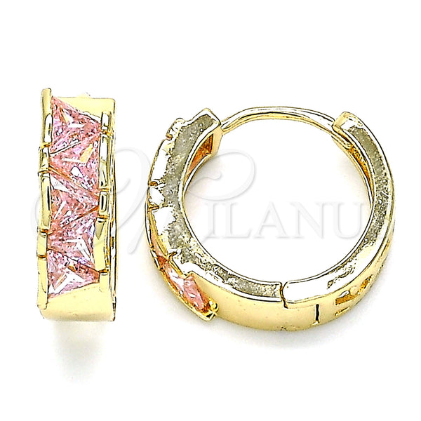 Gold Filled Hoop Earrings — Huggie Hoop with Pink Cubic Zirconia Polished 02. — main product view — SKU 144716 | Oro Laminado aretes de aro — Huggie Hoop with Pink Cubic Zirconia pulido 02. — SKU 144716