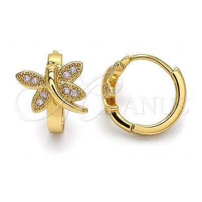 Oro Laminado Huggie Hoop, Gold Filled Style Dragon-Fly Design, with Pink Micro Pave, Polished, Golden Finish, 02.210.0591.12