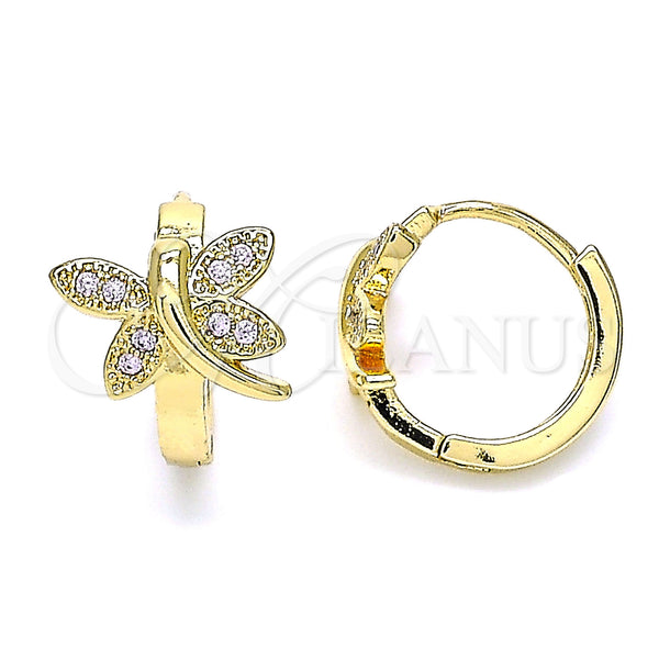 Gold Filled Hoop Earrings — Huggie Hoop Dragon-Fly Design with Pink Micro Pave — main product view — SKU 144718 | Oro Laminado aretes de aro — Huggie Hoop Dragon-Fly diseño with Pink Micro Pave — SKU 144718