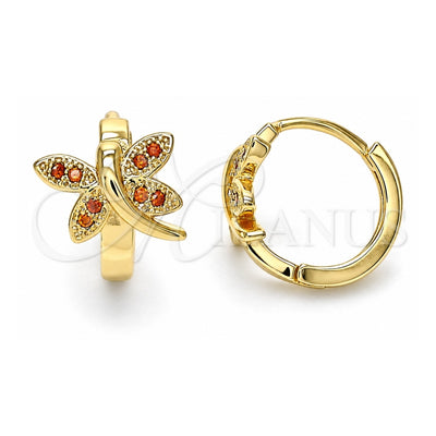 Oro Laminado Huggie Hoop, Gold Filled Style Dragon-Fly Design, with Garnet Micro Pave, Polished, Golden Finish, 02.210.0591.1.12