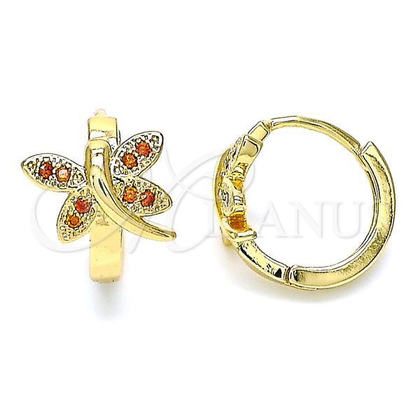 Gold Filled Hoop Earrings — Huggie Hoop Dragon-Fly Design with Garnet Micro Pave — main product view — SKU 144719 | Oro Laminado aretes de aro — Huggie Hoop Dragon-Fly diseño with Garnet Micro Pave — SKU 144719