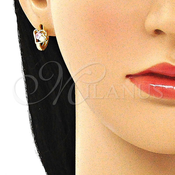 Gold Filled Hoop Earrings — Huggie Hoop Heart Design with Pink Cubic Zirconia — alternate product view — SKU 144720 | Oro Laminado aretes de aro — Huggie Hoop corazón diseño with Pink Cubic Zirconia — SKU 144720