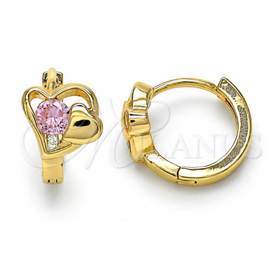 Oro Laminado Huggie Hoop, Gold Filled Style Heart Design, with Pink Cubic Zirconia, Polished, Golden Finish, 02.210.0592.12