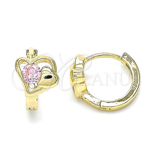 Gold Filled Hoop Earrings — Huggie Hoop Heart Design with Pink Cubic Zirconia — main product view — SKU 144720 | Oro Laminado aretes de aro — Huggie Hoop corazón diseño with Pink Cubic Zirconia — SKU 144720